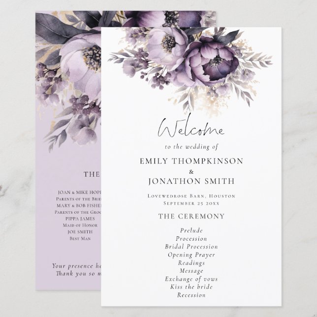 Orçamento Lilac Purple Florals Weding Program (Frente/Verso)