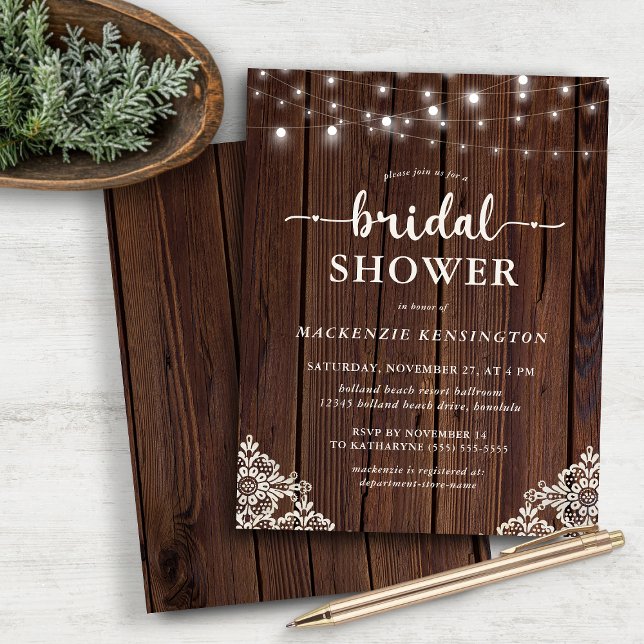 ORÇAMENTO Luzes de Corda de Madeira com Renda Rúst (BUDGET Rustic Lace Wood String Light Bridal Shower Invitation)