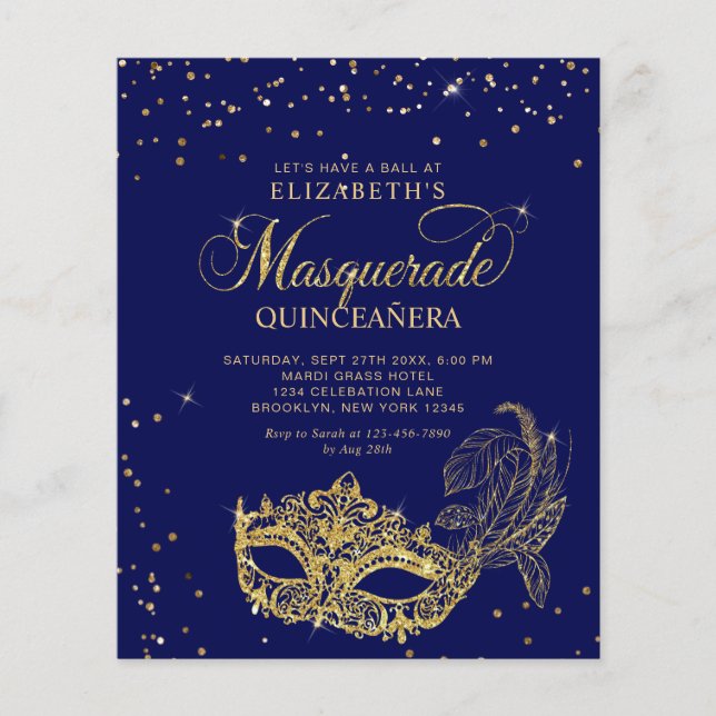 Orçamento Máscara de Ouro Azul Masquerade Quinceañ (Frente)
