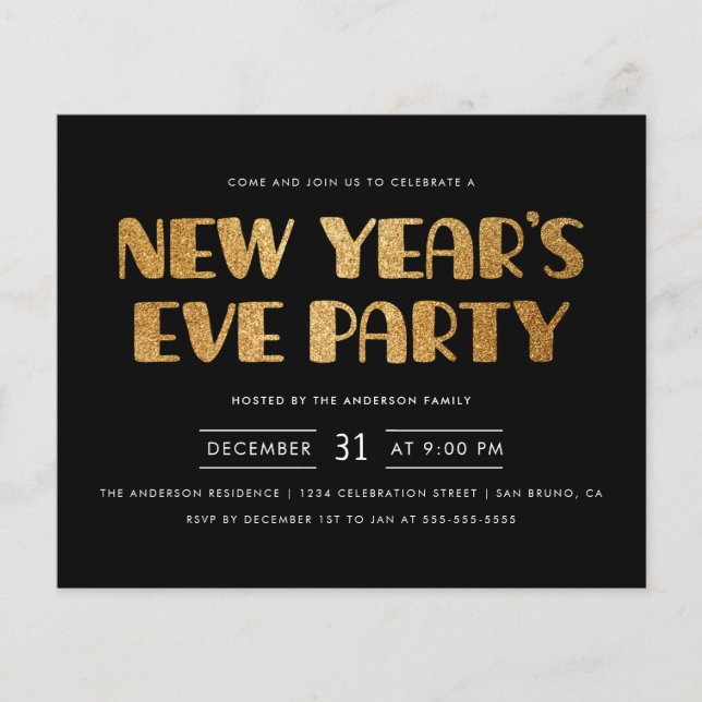 Orçamento Moderno e Dourado Glitter do Ano Novo (Frente)