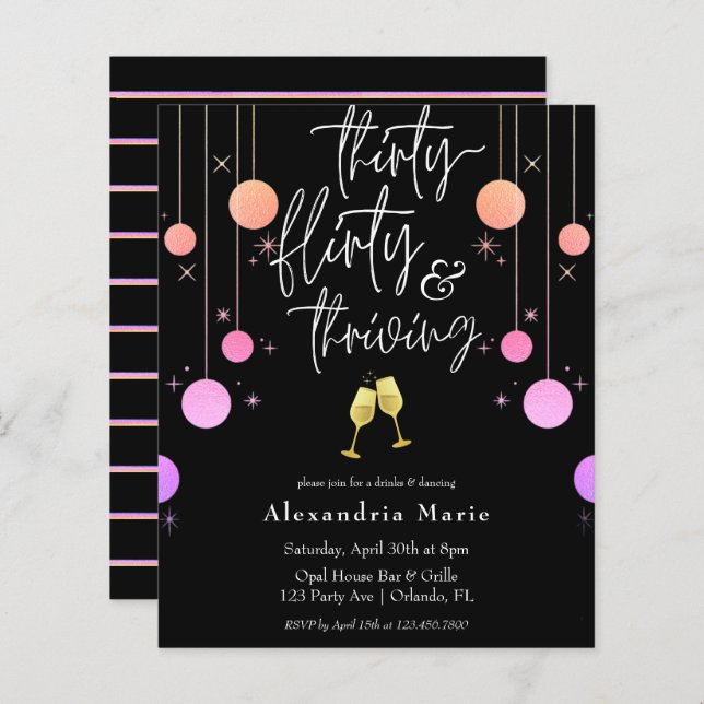 Orçamento Moderno Sparkle "30 Flirty Thriving" (Frente/Verso)