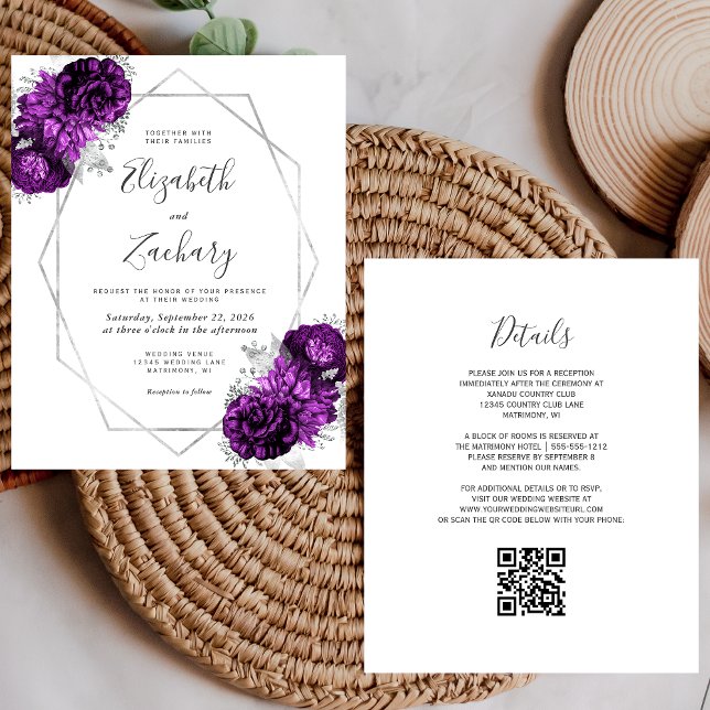 Orçamento Prata Roxo Floral Branco Código QR Casam (Criador carregado)