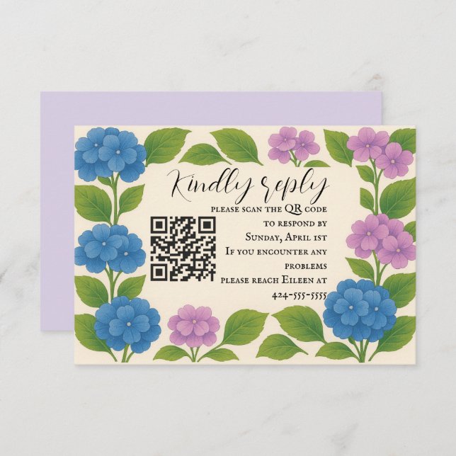 Orçamento Puro/Azul Hydrangea QR Code RSVP Card (Frente/Verso)