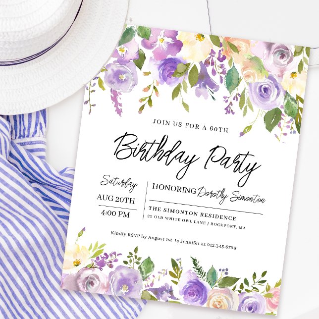 Orçamento Purple Floral 60º Convite de Aniversário (Matching welcome signs and party supplies available. Message me for help finding them!)