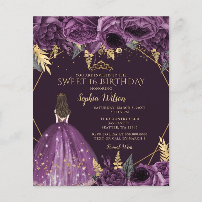 Orçamento Purple Floral Princess Sweet 16 Convite (Frente)