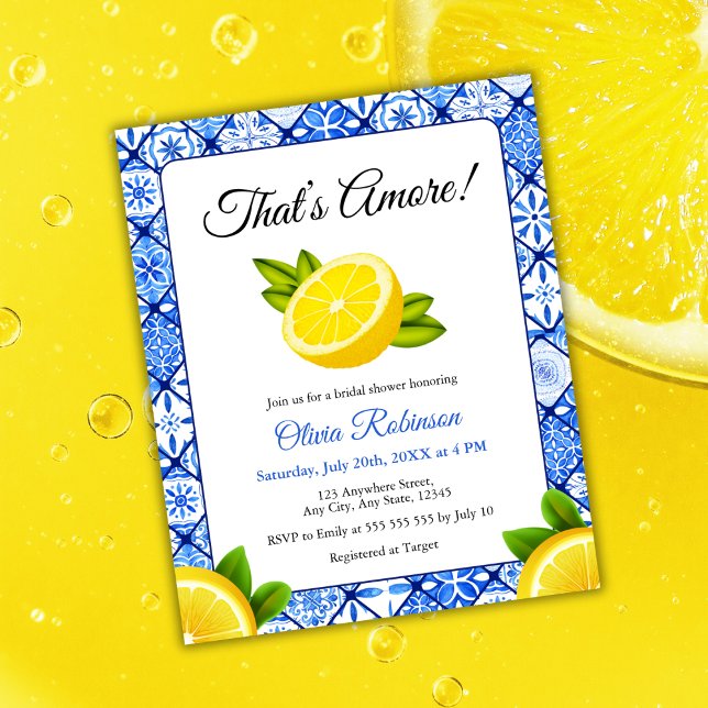 Orçamento que é Chá de panela Amore Lemon (Budget That's Amore | Mediterranean Blue Tile Lemon Bridal Shower Invitation )