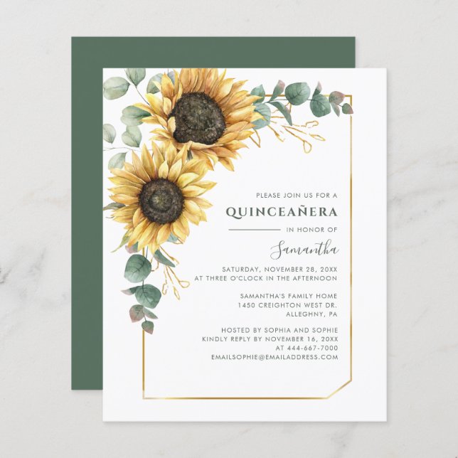 Orçamento Quinceanera 15 Birthday Sunflower Invite (Frente/Verso)