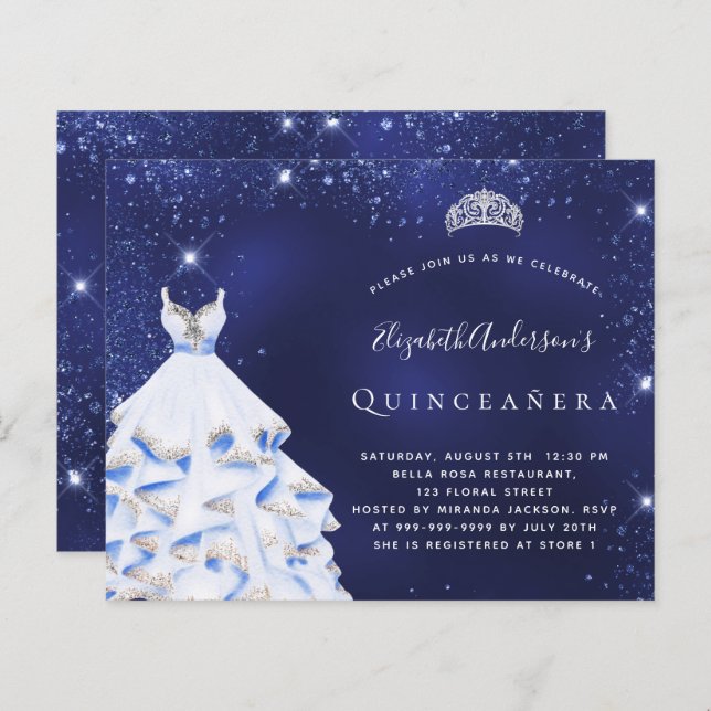 Orçamento Quinceanera azul prata convite (Frente/Verso)