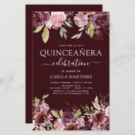 Orçamento Quinceanera Burgundy Convite Floral Rosa