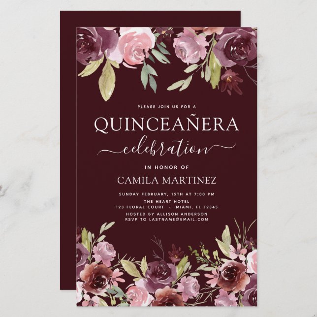 Orçamento Quinceanera Burgundy Convite Floral Rosa (Frente/Verso)