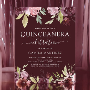 Orçamento Quinceanera Burgundy Convite Floral Rosa