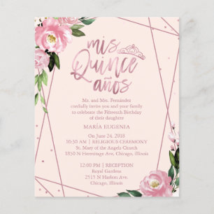 Orçamento Quinceanera Convite Bilíngue Lente Rosa