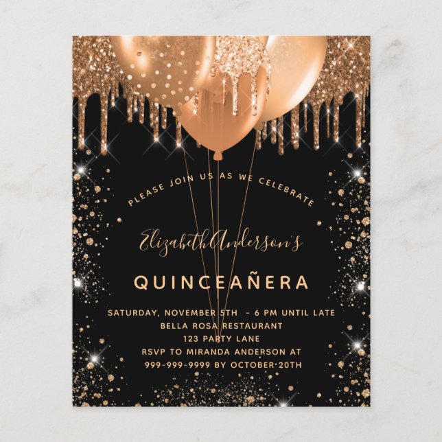 Orçamento Quinceanera - convite para o ouro negro (Frente)