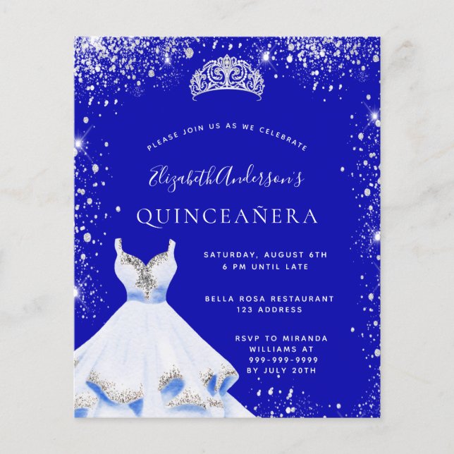 Orçamento Quinceanera convite para vestimenta azul (Frente)