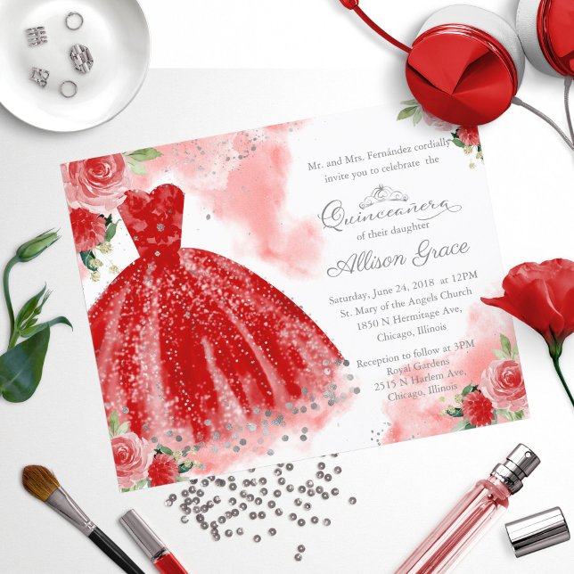Orçamento Quinceanera Convite Silver Red Gown (Criador carregado)