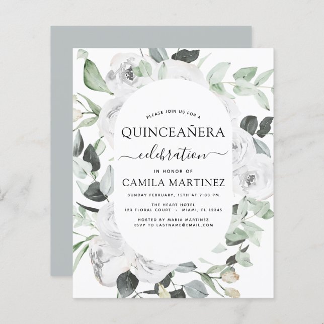 Orçamento Quinceañera Eucalyptus Convite Floral (Frente/Verso)