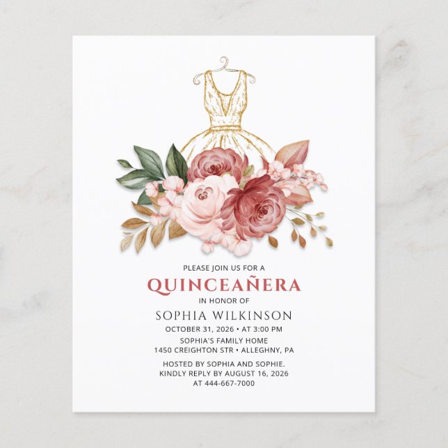 Orçamento Quinceanera Faux Vestido Dourado Floral (Frente)