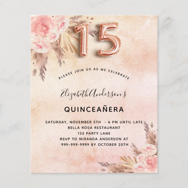 Orçamento Quinceanera pampas rosa convite (Frente)