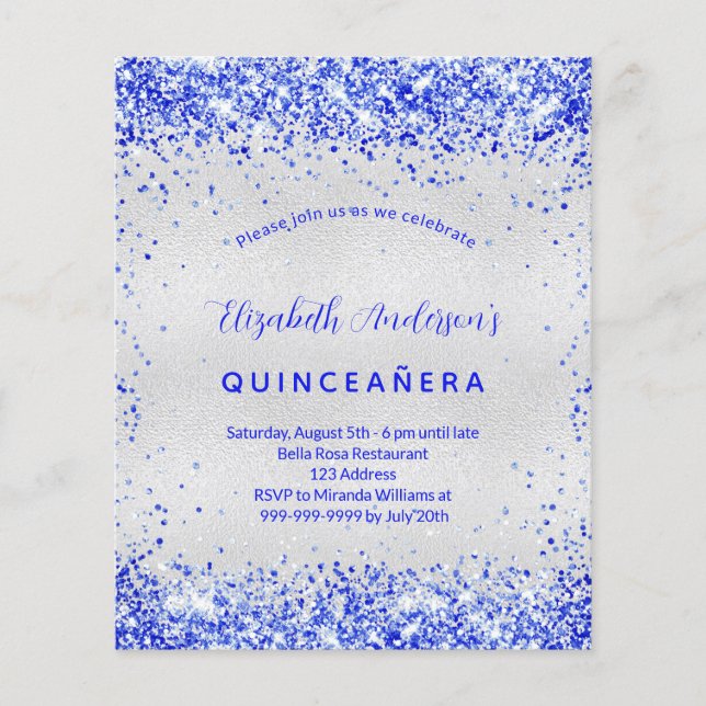 Orçamento Quinceanera prata convite azul real (Frente)