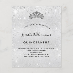 Orçamento Quinceanera prata gliteira convite tiara