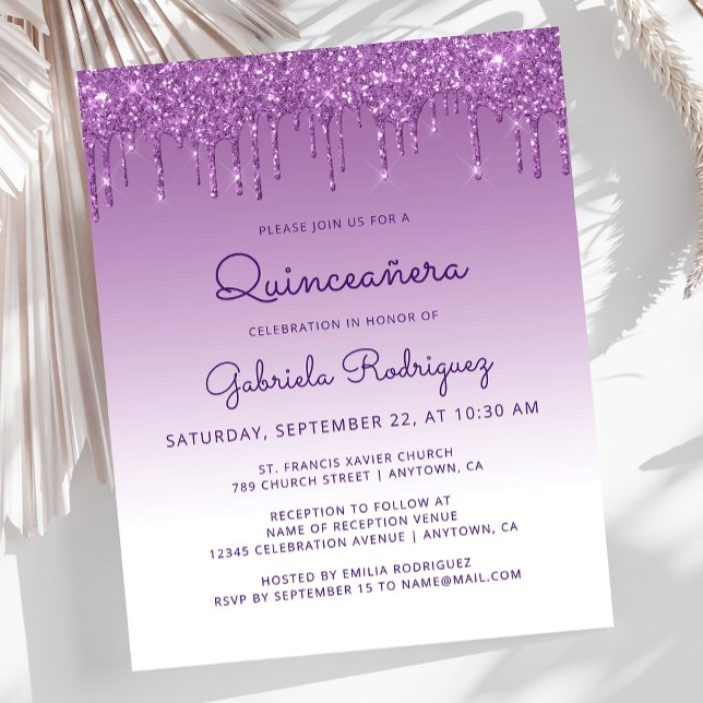 Orçamento Quinceañera Purple Glitter Invite (Criador carregado)