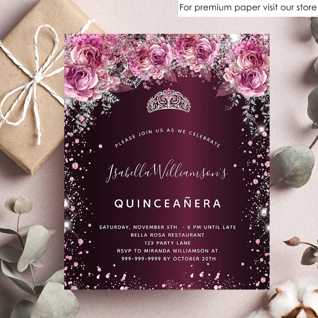 Orçamento Quinceanera rosa burgundy convite floral (Criador carregado)