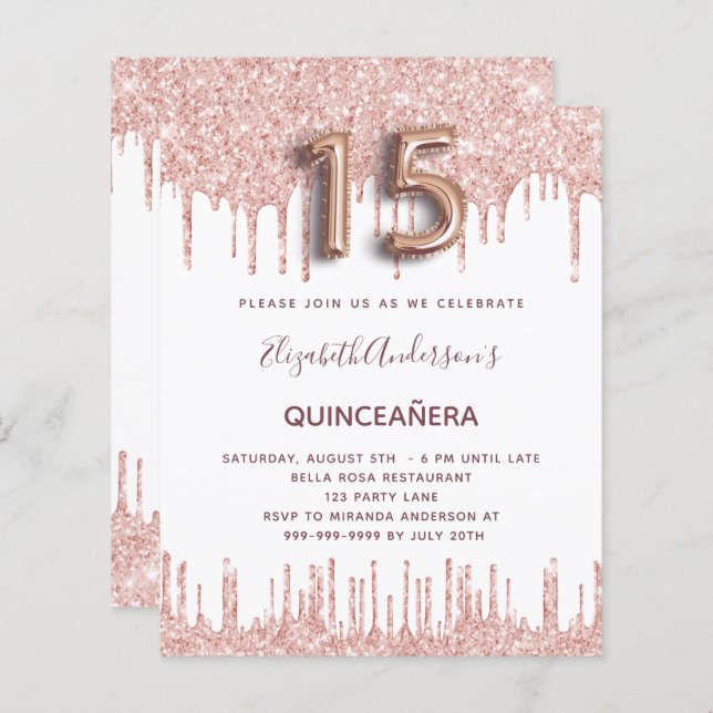 Orçamento Quinceanera rosa dourado brilha rosa (Frente/Verso)