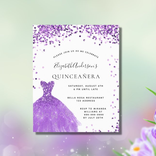 Orçamento Quinceanera violeta, brilho branco (Criador carregado)