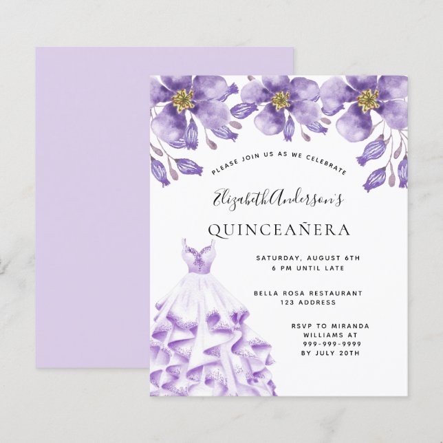 Orçamento Quinceanera violeta, vestido branco flor (Frente/Verso)
