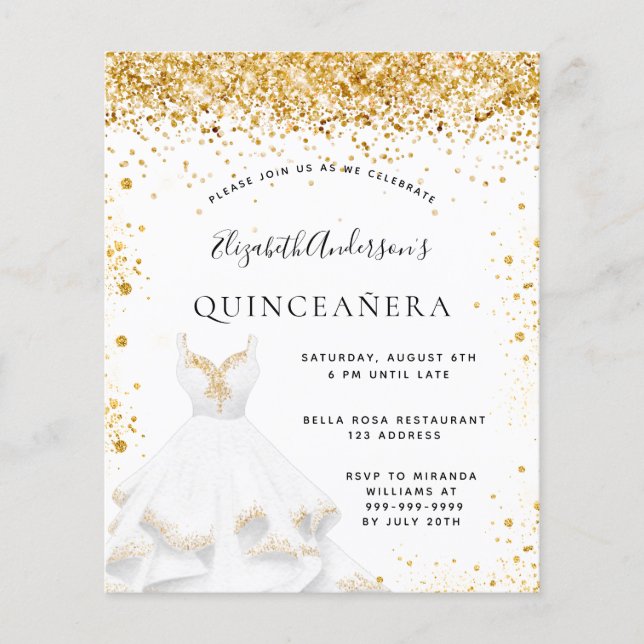 Orçamento Quinceanera White Gold Convite (Frente)