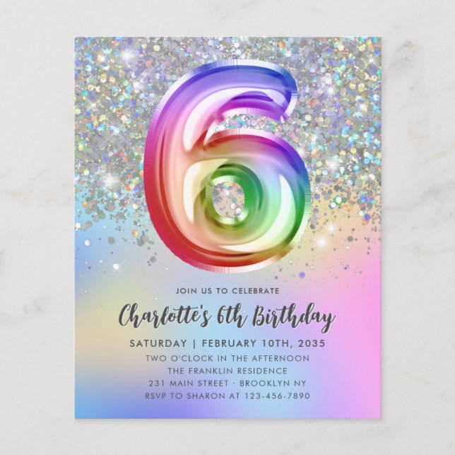 Orçamento Rainbow Glitter Foil Balão 6 Aniversário (Frente)