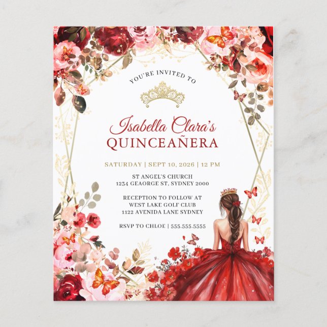 Orçamento Red Dourado Princesa Floral Quinceanera (Frente)