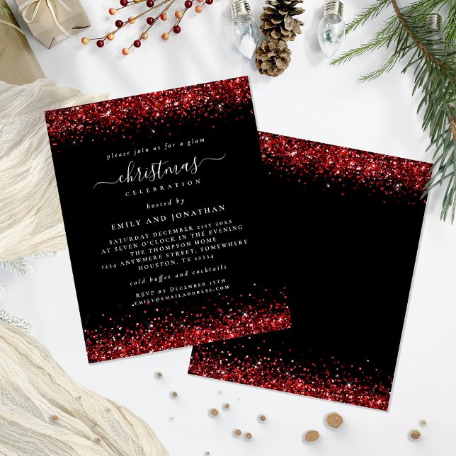 Orçamento Red Glitter Festa de Natal Black Invite (Front and back view)
