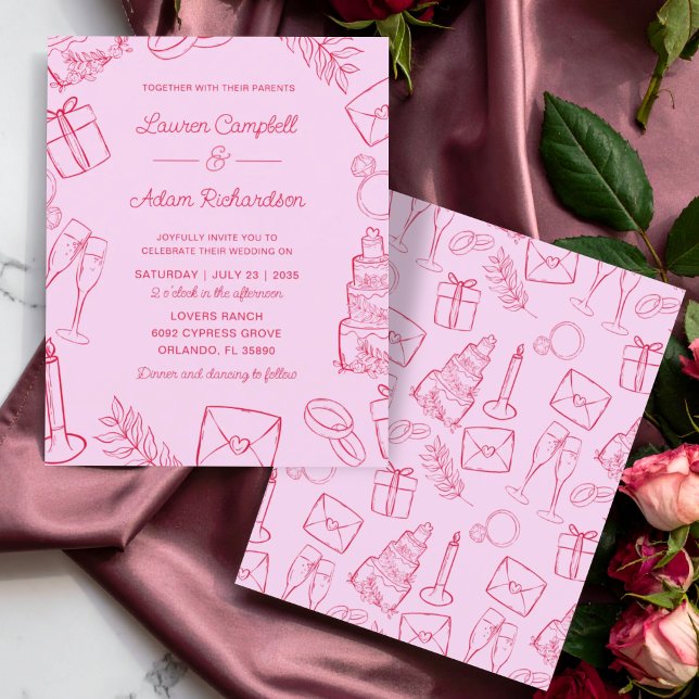 Orçamento Rosa e Vermelho Casamento Desenhado à Mã (Criador carregado)