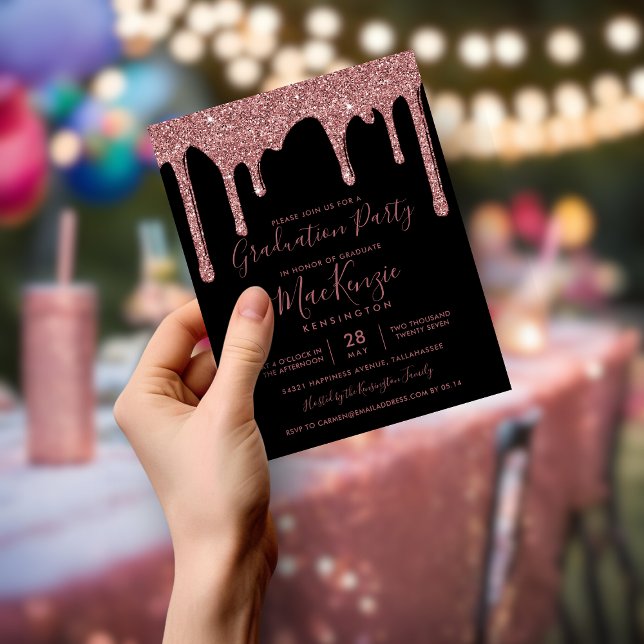 ORÇAMENTO Rosa Preto Dourado Brilho Gotejante Fest (BUDGET Black Rose Gold Glitter Drips Grad Party Invitation)