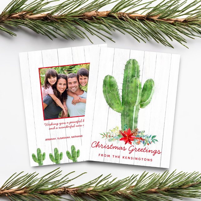 Orçamento Rústico Cacto de Natal Madeira Festa Fot (Budget Rustic Christmas Cactus Wood Holiday Photo Card)