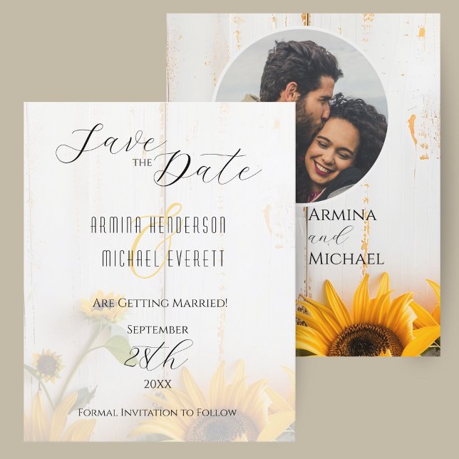 Orçamento Rústico Cartão de Salvar a Data do Casam (A budget rustic sunflower wedding save the date card with white barn wood and photo.)