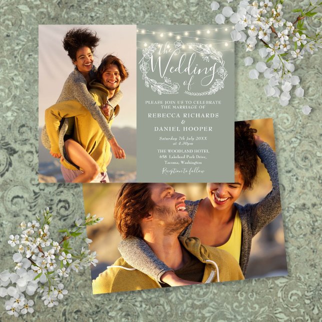 Orçamento Sage Green Lights 2 Convite de casamento (Budget Sage Green Lights 2 Photo Wedding Invite)