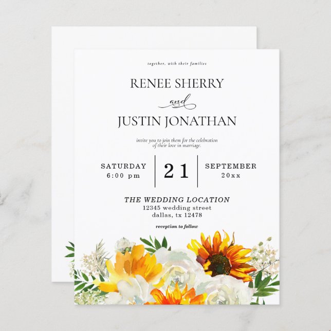 Orçamento Sunflower & White Rose Casamento Floral  (Frente/Verso)