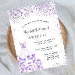 Orçamento Sweet 16 convite para vestimenta branca<br><div class="desc">Um convite moderno,  na moda e glamouroso para uma doce festa de aniversário 16,  16. Na frente: Um fundo branco com violeta,  brilhos lilás,  um vestido violeta. O nome é escrito com um moderno estilo escrito à mão. Personalize e adicione os detalhes da sua festa.</div>