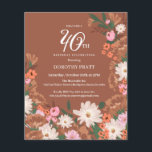 Orçamento Terracotta Floral aniversário de 40 anos<br><div class="desc">Convite de festas de queda russa. Pop de flores brancas brilhantes contra o fundo do terracota,  fundo castanho. Flores silvestres laranja profundas,  flores rosadas fluffy e folhas verdes profundas criam uma bonito mostra de outono de flores-prados. Texto branco e caligrafia de tendências adicionam detalhes encantadores.</div>