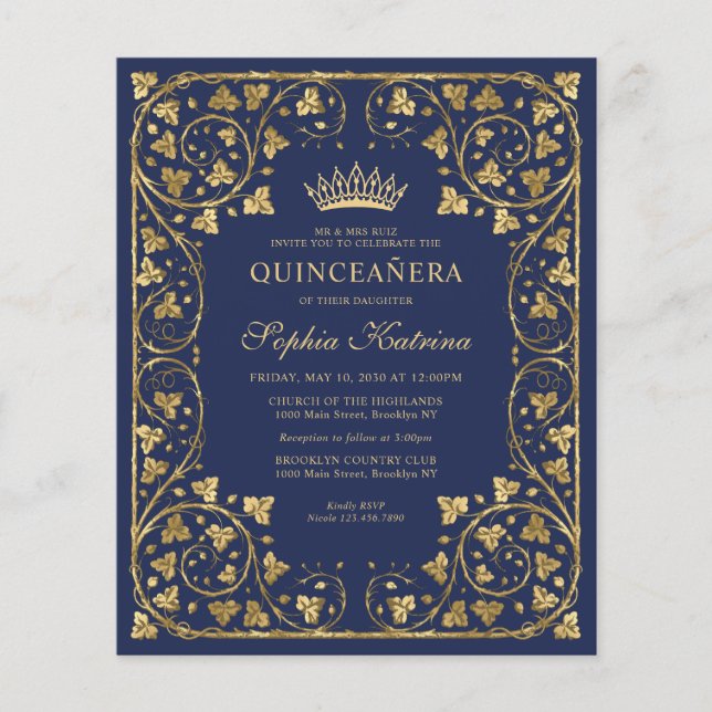 Orçamento Tiara Floral Azul Naval Dourada Quincean (Frente)