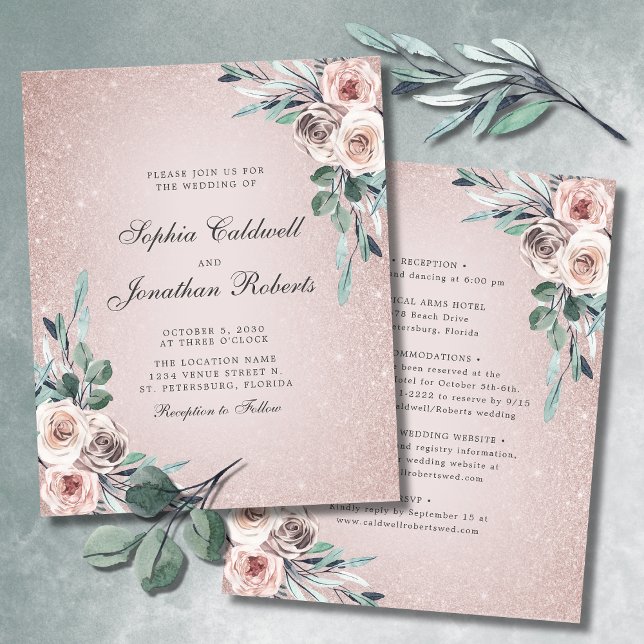 Orçamento Tudo em Um Convite de casamento de Rosas (Budget Double Sided Wedding Invitation Boho Blush 
 Pink Roses Glitter Ombre)