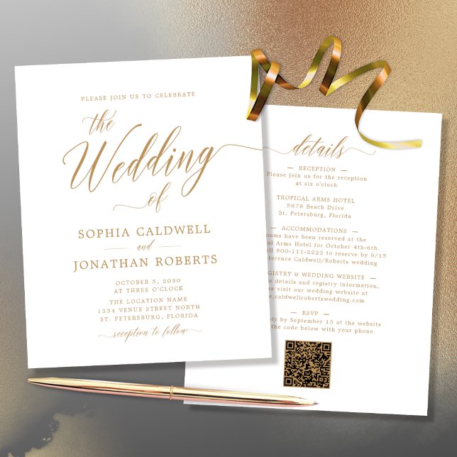 Orçamento Tudo em Um Convite de casamento Dourado  (Budget All in One QR Code Gold Calligraphy Double Sided Wedding Invitation)