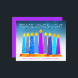 Orçamento Turquoise Hanukkah vela cartão de amor à<br><div class="desc">"Paz, amor e luz." Uma ilustração lúdica, moderna e artística das velas de padrão de feto em uma menorah ajuda você a lançar no feriado de Chanucá. Velas azuis cortadas com padrões de folha de alumínio coloridos cobrem um gradiente de turquesa a fundo branco. Folha de diamante roxo, rosa-quente, escura,...</div>
