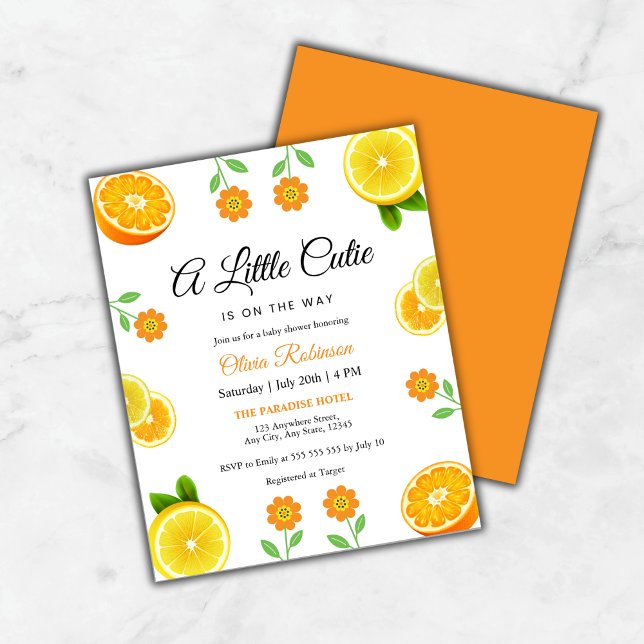 Orçamento Um Pequeno Chá de fraldas De Citros (Budget A Little Cutie Lemon Orange Citrus Baby Shower Invitation )