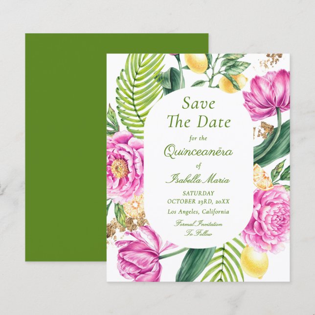Orçamentos Florais Quinceañera Save The Dates (Frente/Verso)