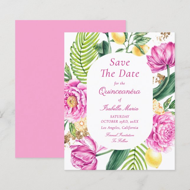 Orçamentos Florais Quinceañera Save The Dates (Frente/Verso)