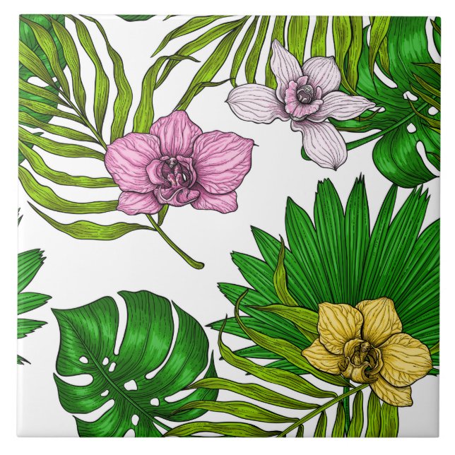 Orchids and palm leaves, pink, yellow, green and w (Frente)