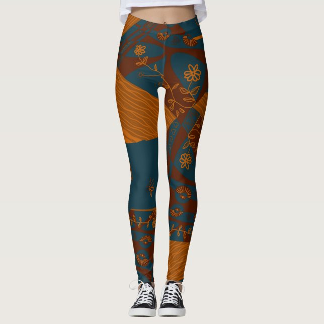 Origami Chintz (L) Leggings de Teal Laranja Maroon (Frente)
